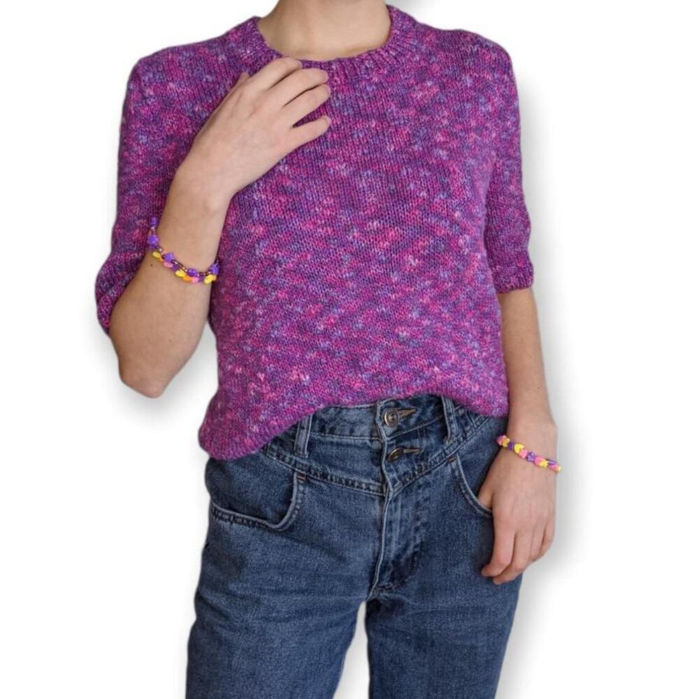 Vintage Handmade Knitted Colorful Pink and Purple Short Sleeve Sweater Top M